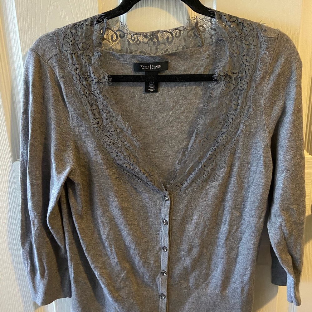 White House Black Market Gray Lace Trim Cardigan